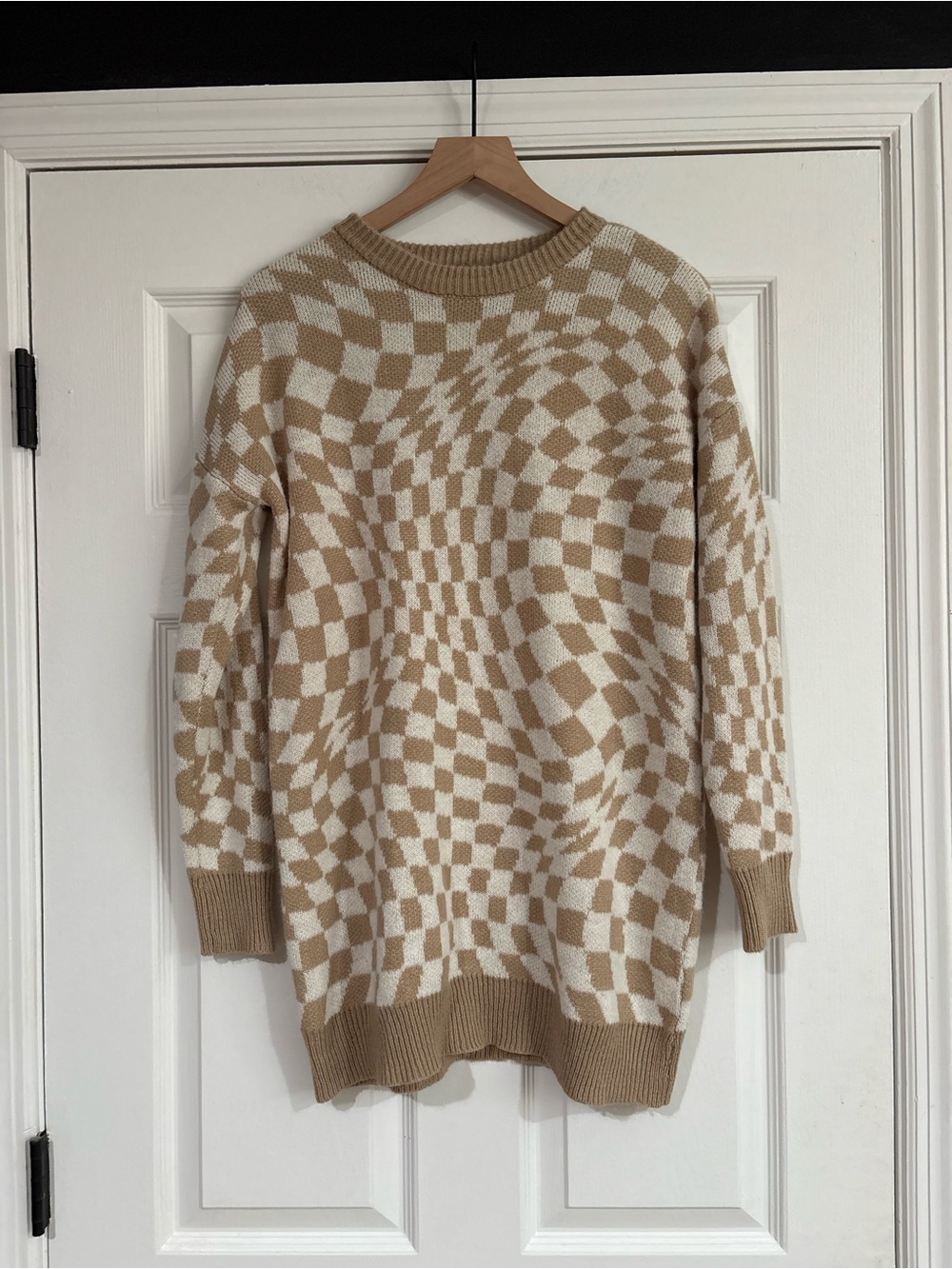 Neutral Checkerboard Crewneck Sweater